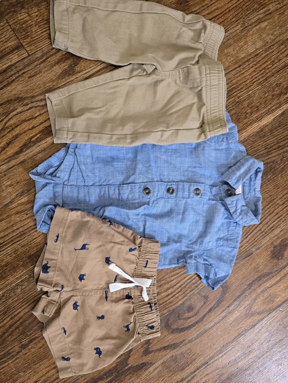 Cat & Jack Blue Chambray Shirt with Tan Animal-Print Pull-On Shorts and Pants